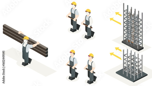 Isometric view of construction workers carrying materials and building steel rebar cages on a site