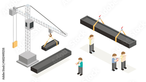Isometric view of construction site with crane lifting metal beams and workers overseeing the process
