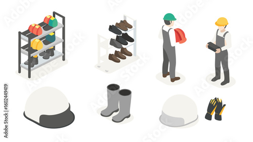 Isometric illustration of workers with safety gear and storage racks on a white background