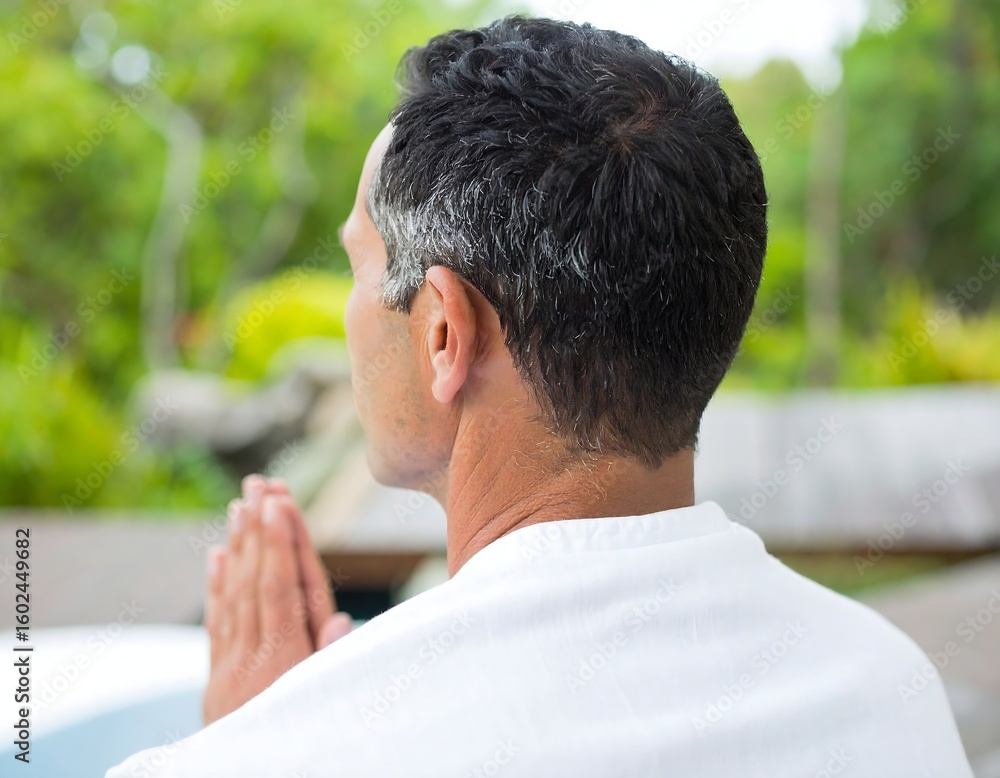 Person meditating from behind with hands in prayer position, conveying spiritual peace and outdoor mindfulness. Person meditating from behind with hands in prayer position, conveying spiritual peace and outdoor mindfulness.