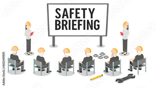Illustration of a safety briefing with workers and a presenter in a meeting setting indoors