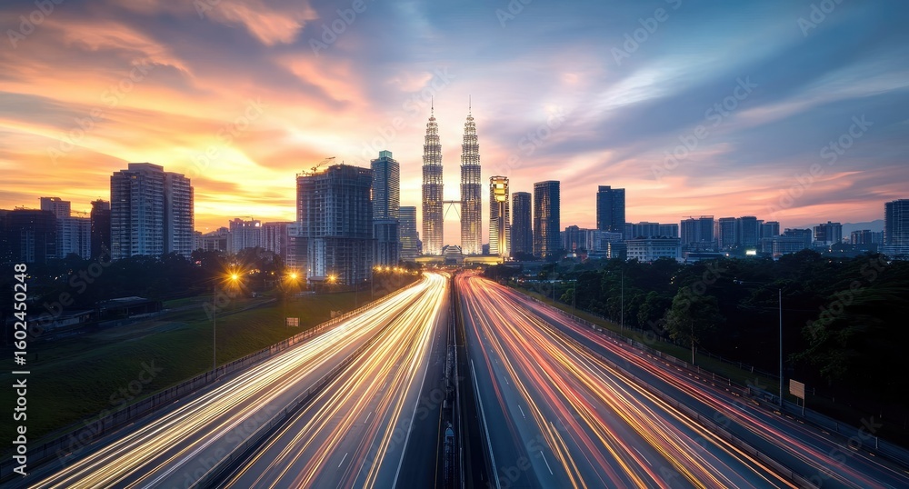 Fototapeta premium City highway at sunrise, blurred lights