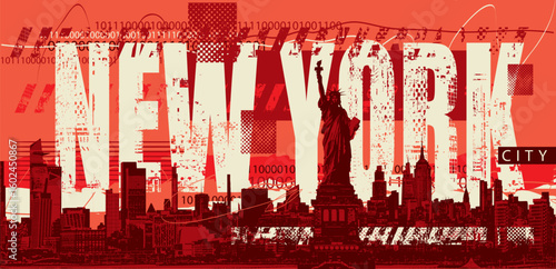 Vector banner with New York lettering, Statue of Liberty, cityscape and skyscrapers. USA illustration in grunge style. T-shirt design, tourist signboard, tourist postcard. Not AI.