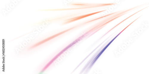 Light beam illustration, neon light strip, high speed motion background, on transparent background in PNG format. Glow luminous glitter shimmer trail. 