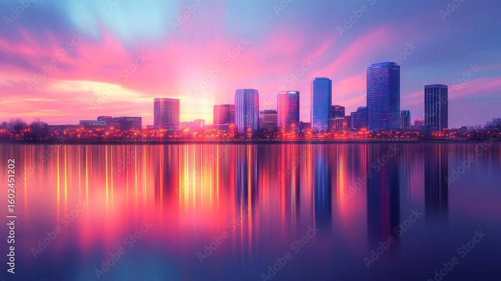 Obraz premium Cityscape with sunset over water, useful for city guides and real estate advertising.