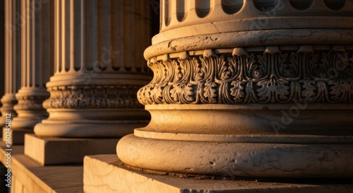 Marble column bases ornate, classic architecture, sunset lighting