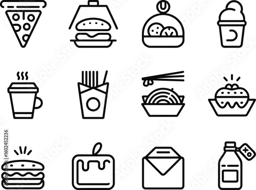 Collection of simple line art icons representing popular fast food and takeout items