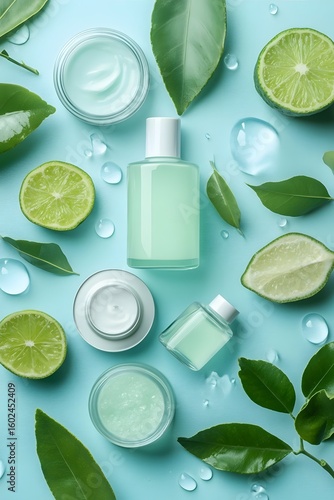 Skincare products accompany lime slices and leaves.