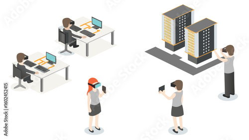 Isometric view of people using vr headsets in office and server room environments with computers and servers