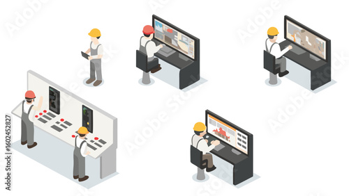 Isometric view of workers monitoring screens and operating control panels in a control room setting