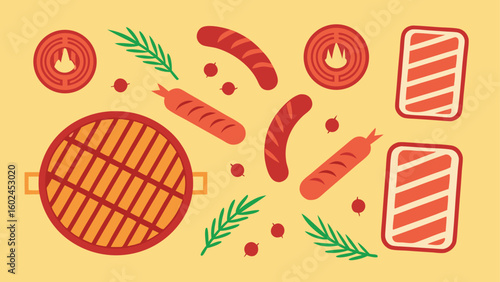 Barbecue spread with sausages and grilled meat food