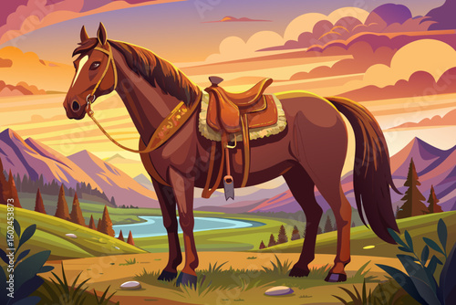 vector of A magnificent brown horse standing with an intricately designed leather saddle against a calm background at sunset in a tranquil meadow...