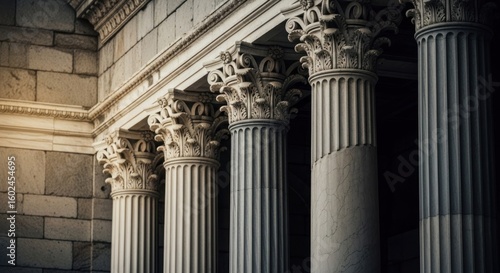 Row of marble columns with ornate capitals, side view, soft light