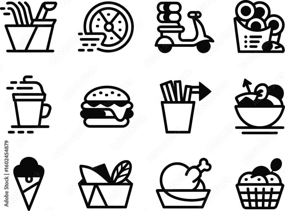Fototapeta premium Collection of stylized food and delivery icons for restaurants and fast food