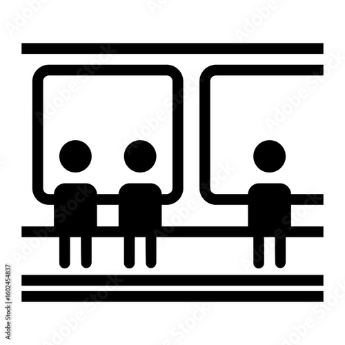 Black and white drawing of three people on a train. The people are standing next to each other