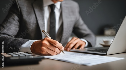 A businessman is writing at a desk.