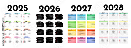 Set of calendars for 2025, 2026, 2027 and 2028 on a white background