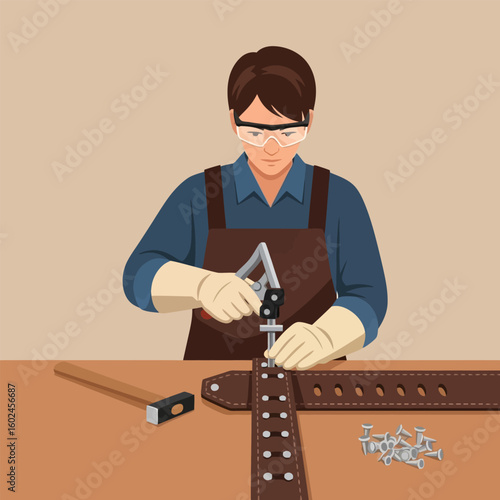 Focused Craftsman Working on Brown Leather Belt with Tools