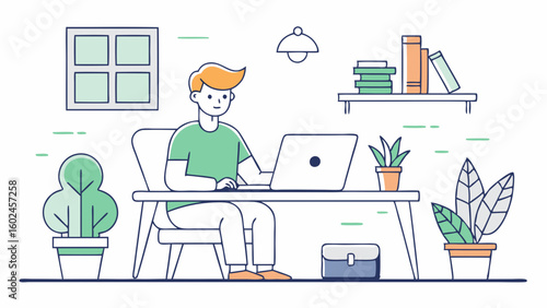 Persona trabajando en portátil en escritorio moderno, ilustración de arte lineal minimalista de oficina remota y teletrabajo.


