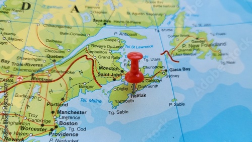 View of Halifax, is the capital and most populous municipality of the Canadian province of Nova Scotia, Canada, on a geographical map of America, marked with red push pin
