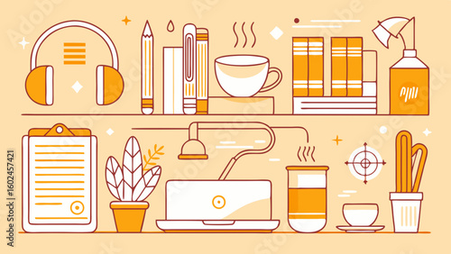 Elementos esenciales para el espacio de trabajo en casa con arte lineal minimalista. Libreta, taza de café, lámpara de escritorio y auriculares en un escritorio moderno para teletrabajo y productivida