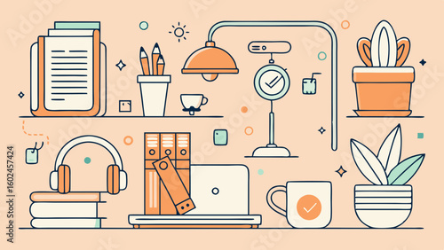 Elementos esenciales para el espacio de trabajo en casa con arte lineal minimalista. Libreta, taza de café, lámpara de escritorio y auriculares en un escritorio moderno para teletrabajo y productivida