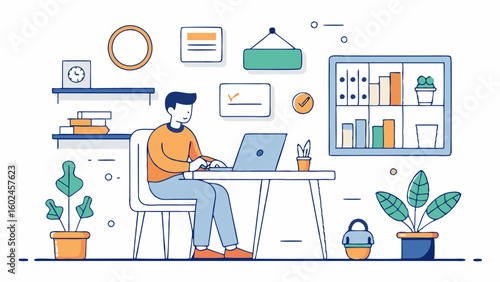 Esquema minimalista de una persona escribiendo una agenda en su oficina. Espacio de trabajo organizado con planificación de horarios, ambiente tranquilo y productivo, con estética dibujada a mano en b