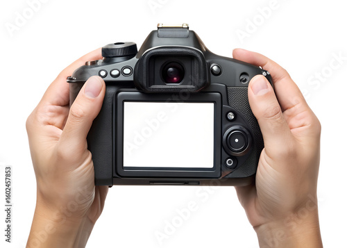 Hands holding a digital slr camera with a blank screen isolated on transparent background
