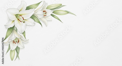 White lily bouquet with buds and green leaves on white background