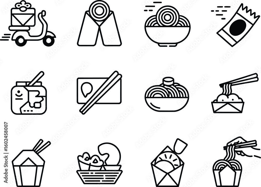 Fototapeta premium Hand drawn asian food icons featuring noodles dumplings and delivery scooter