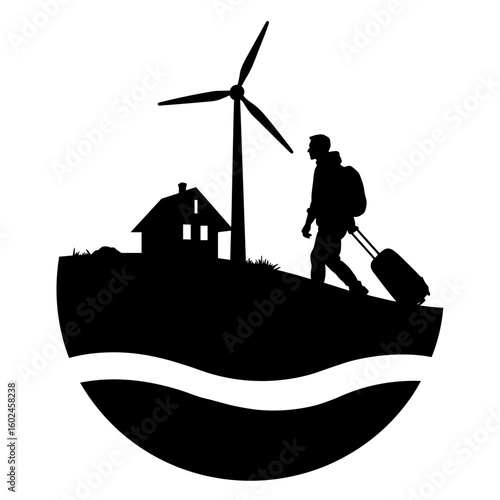Traveler with suitcase near wind turbine and house – Eco travel, responsible stay