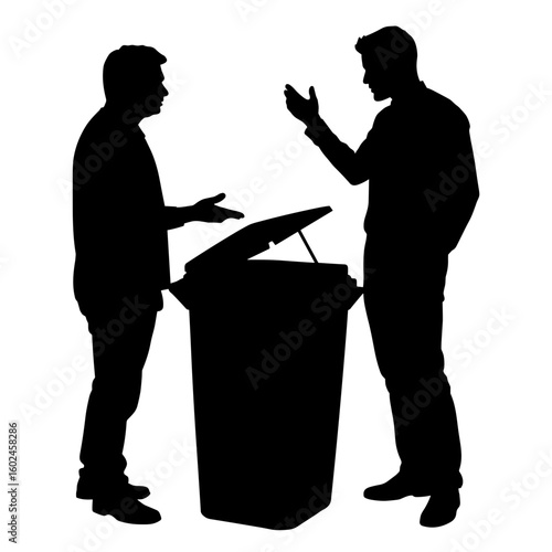 Silhouette of two men discussing compost bin use – Zero Waste awareness, guest involvement
