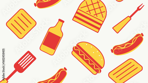 Red and yellow barbecue food and tools pattern grill