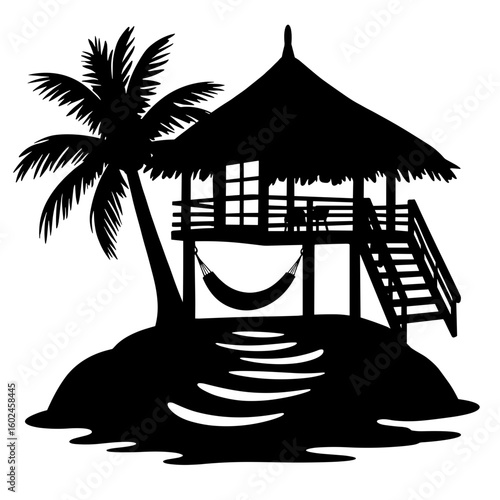 Silhouette of beach bungalow with hammock – Island relaxation, seafront access