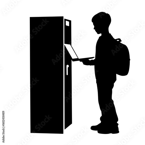 Teen silhouette with backpack locking laptop in locker – School safety awareness, protective action