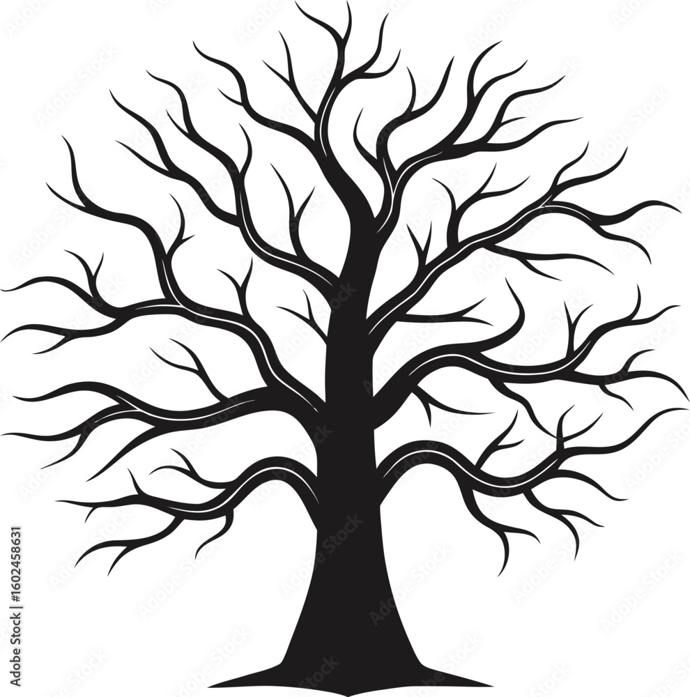 Obraz premium Black silhouette of a bare tree with intricate branching against a white background