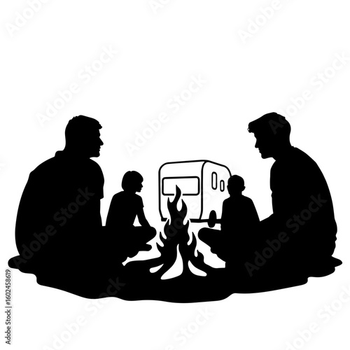 Silhouette of friends around campfire with camper – Outdoor bonding, evening gathering