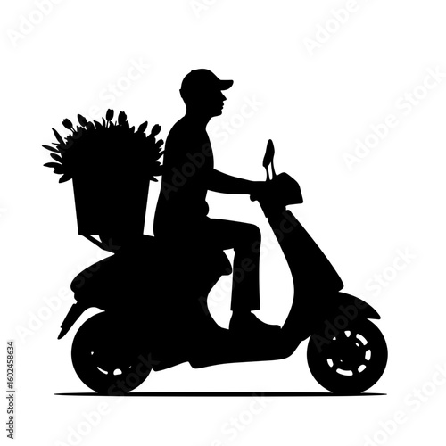 Silhouette of person on moped carrying flowers – Urban floral delivery, stylish transport