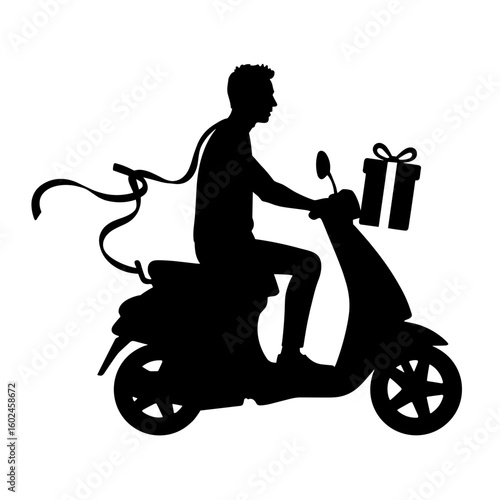 Silhouette of delivery scooter with gift ribbon – Joyful celebration of mobile gifting
