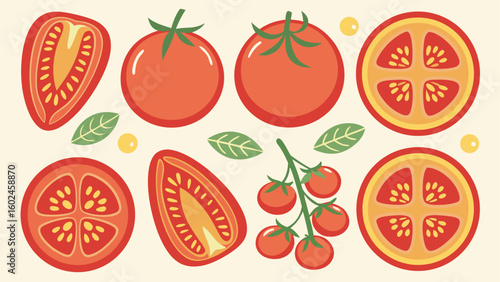 Various red tomatoes and slices with green leaves sliced