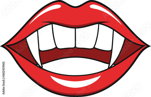 Red lips with sharp vampire fangs and white teeth exposed mouth