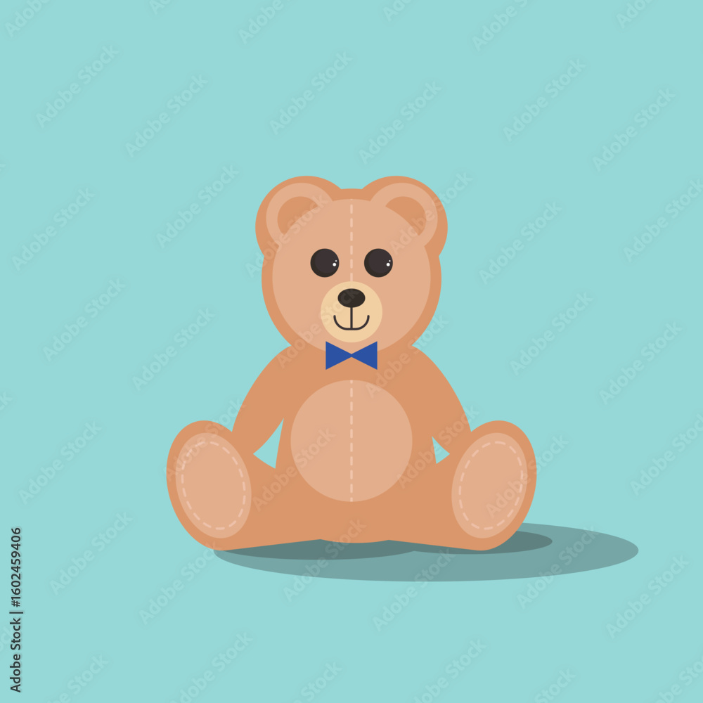 Fototapeta premium Cute Teddy Bear with Bow Tie: Adorable Childhood Toy. This graphic features a sitting brown teddy bear with a blue bow tie and friendly eyes, set against a calm blue background