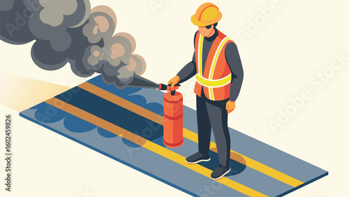 Man in safety vest using fire extinguisher to put out smoke on a road with yellow lines and blue pavement