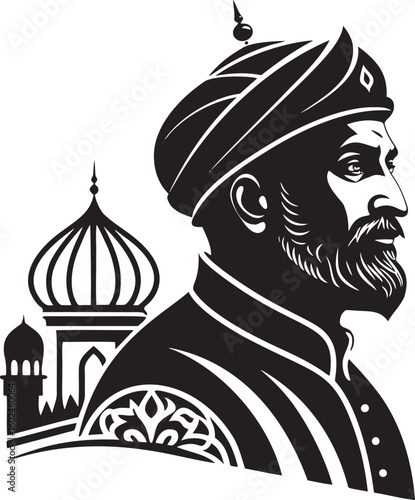 Regal man with turban and ornate architecture beard