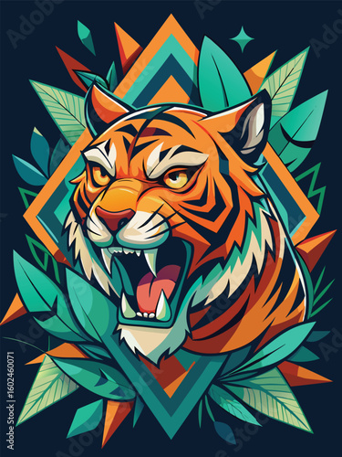 Fierce tiger head with jungle leaves and geometric shapes roaring