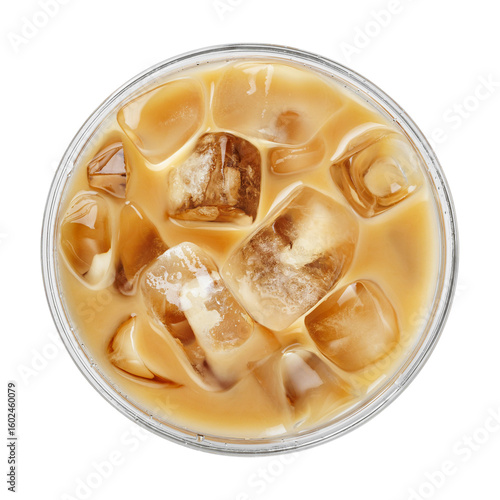 Top view of iced coffee with milk in disposable plastic cup isolated on white background
