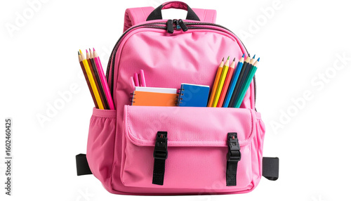 vibrant pink schoolbag, backpack stuffed with colorful pencils and a notebook, ready for school, isolated on transparent background back to school png editing element 