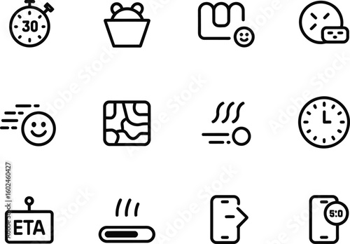 Collection of simple line art icons representing time tasks and technology