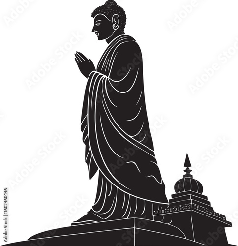 Standing Buddha with prayer hands and stupa statue