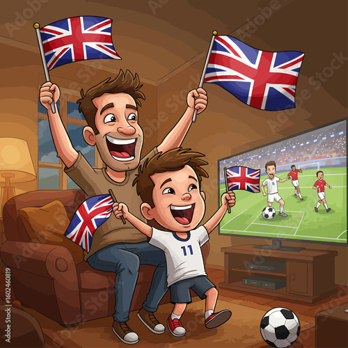 A father and son excitedly watch a soccer game on TV, waving British flags, celebrating their team.